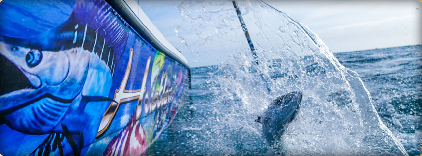 Two happy guests holding a sailfish